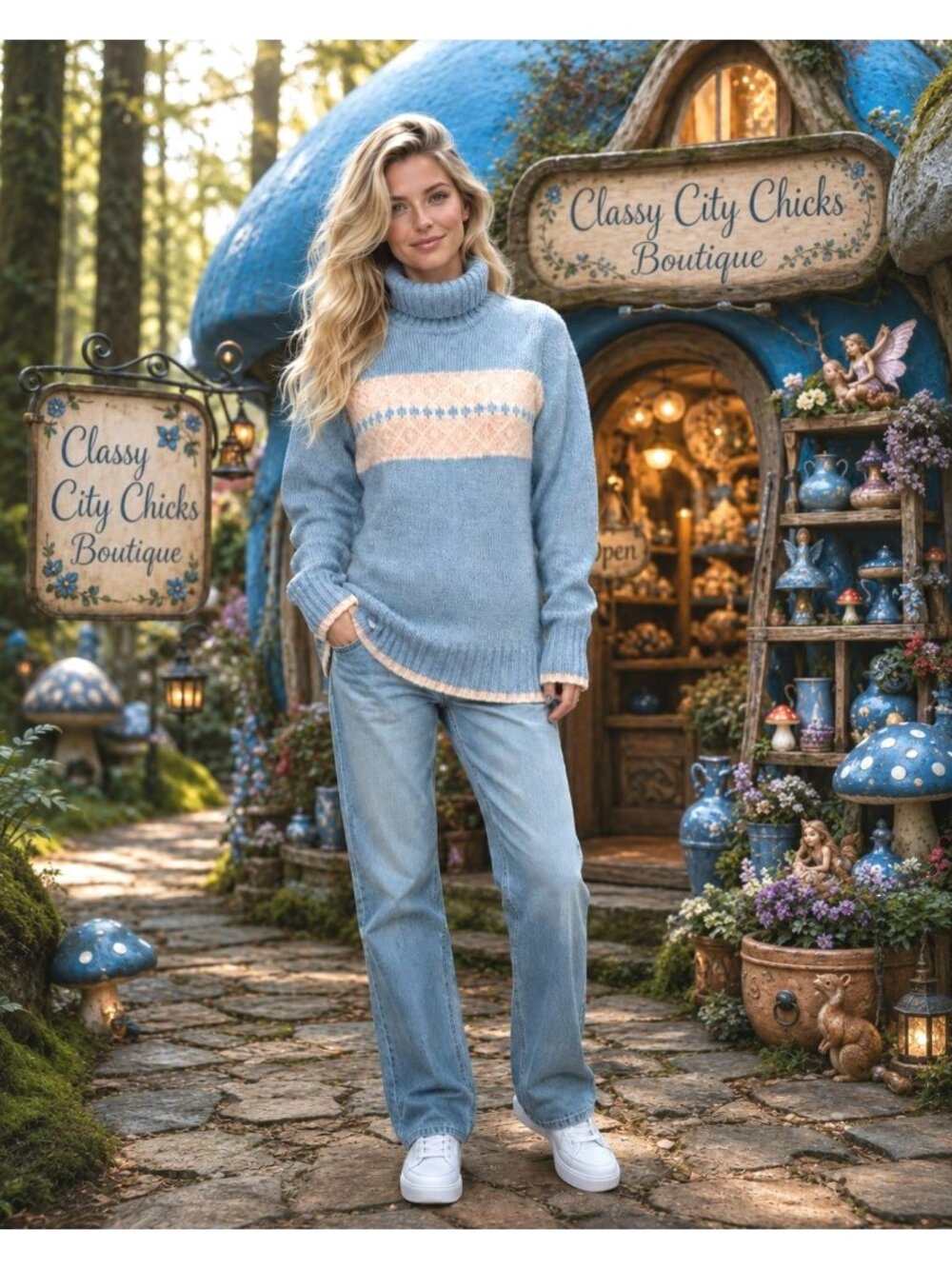 Carolyn Taylor Light Blue Fair Isle Turtleneck Sweater Chunky Knit Winter Retro